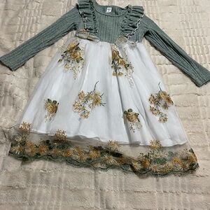 Floral Embroidered Kids Dress in Green and White
